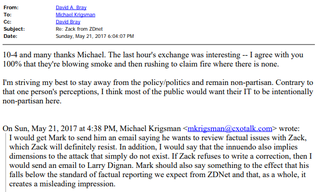 ZDNet columnist Michael Krigsman telling the FCC’s David Bray to demand his own publisher issue a correction.